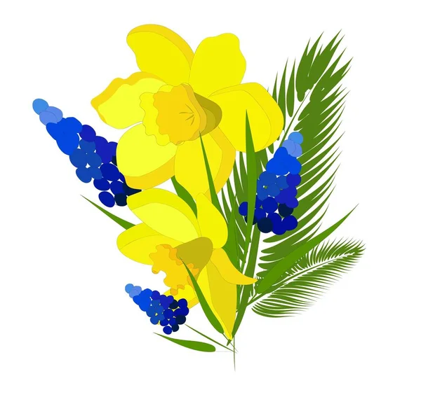 Bouquet of spring flowers isolated on white background. illustration. Tulips, daffodils and twigs of palm trees. Isolated element for creating postcards..