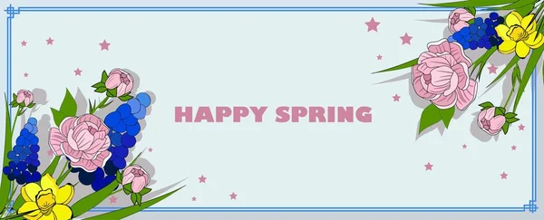 Happy Spring Card. Platz, um Text einzufügen. Narzissen und Rosen. horizontal.. — Stockfoto