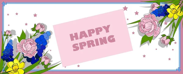 Happy spring Spring card. Place to insert text. Daffodils and roses. Horizontal format.. — Stock Photo, Image