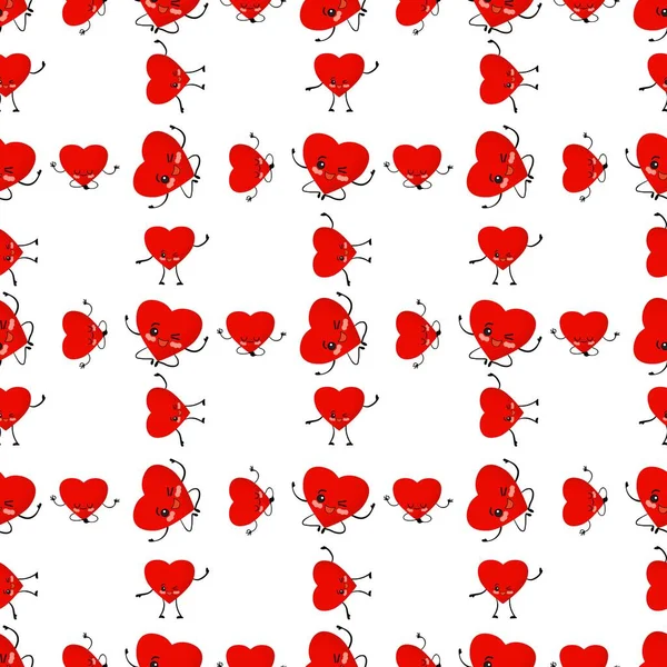 O padrão do Dia dos Namorados. Corações vermelhos em uma ilustração de fundo branco. Caráter bonito coração. Estilo dos desenhos animados. Amor e amizade. Design de papel têxtil e papel de embrulho .. — Fotografia de Stock