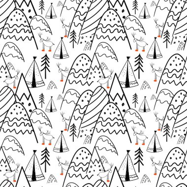 Kuzey ormanı. Halk tarzında bir ilüzyon. Stylize dağlar. İskandinav baskısı. Çizgi çizme. Çocuklar için kusursuz desen..