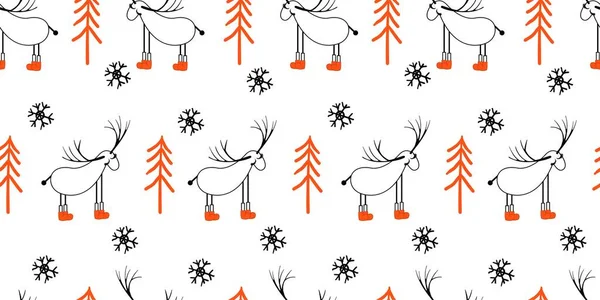 Sömlöst ljusmönster med rådjur och träd. En skandinavisk teckning. Linjär konst. Svart-vit illustration. Hej vinter.. — Stockfoto