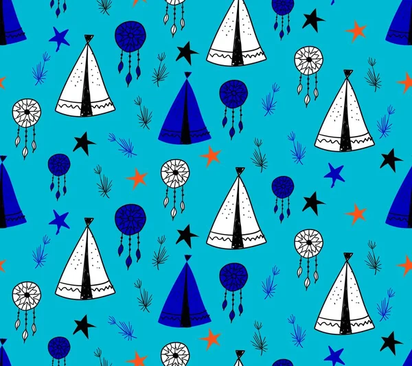 Seamless pattern in Scandinavian style for children .. Cute cartoon trees and tents on a blue background. Wigwam for the Indians. Drawings for boys.