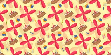 Çocuklar için kusursuz bir örnek. Kırmızı pervane ve pasta. Tatil mumları ve oyuncak top. Oyuncak deseni. Vektör çizimi. Çocuklar için tekstil ve iç mekan tasarımı..