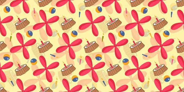 Nahtlose Kindermuster für Jungen. Roter Propeller und Kuchen. Weihnachtskerzen und Spielzeugkugel. Spielzeugmuster. Vektorillustration. Design-Textil- und Interieur-Raum für Kinder.. — Stockvektor