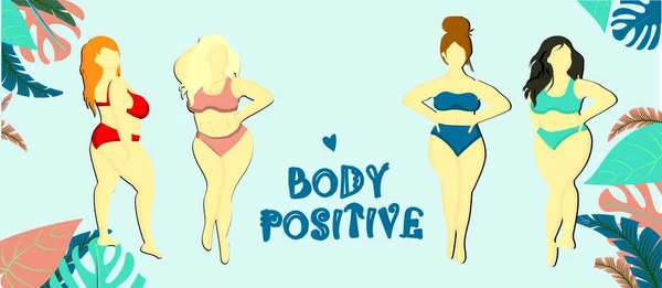 Zona positiva para o corpo. Banner horizontal ou panfleto. Cabeçalho para o site. Conceito positivo para o corpo. Mulheres de fato de banho. As meninas são gordas bonitas .. —  Vetores de Stock