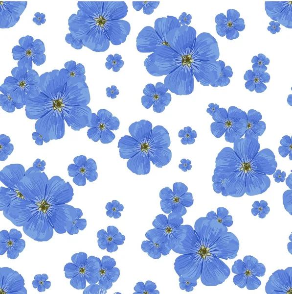 Bezszwowy wzór kwiatów wektora. Białe tło. Wiosna jasne kolory. Niebieski. Idealny design dla papieru tekstylnego i opakowaniowego. Kwiaty lnu.. — Wektor stockowy