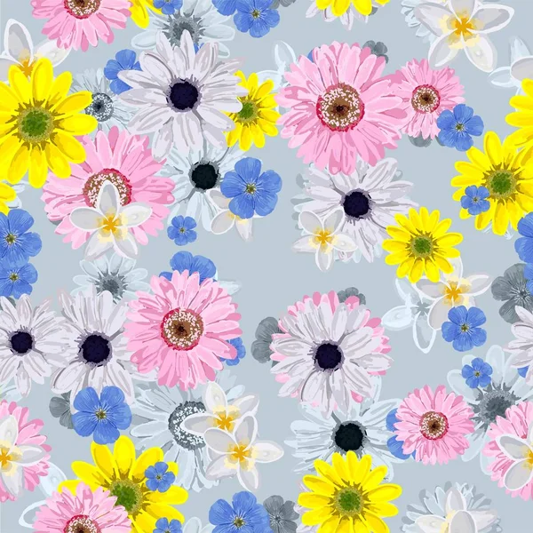 Απρόσκοπτη Διάνυσμα λουλούδι μοτίβο. Ρεαλιστικά λουλούδια. Λαμπερά χρώματα. Τέλειος σχεδιασμός για χαρτί περιτυλίγματος και κλωστοϋφαντουργίας.. — Διανυσματικό Αρχείο