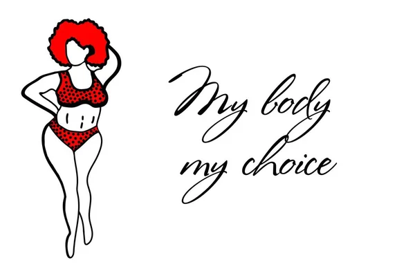 Adoro o teu corpo. Conceito positivo para o corpo. Aceitar-se a si mesmo. Mulher gorda de fato de banho. Inscrição de motivacina .. — Vetor de Stock