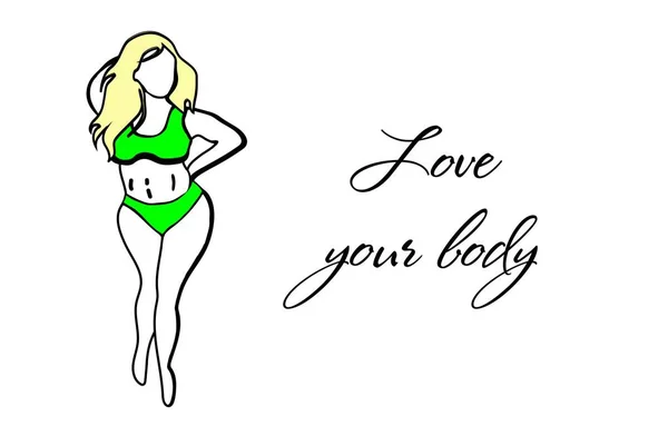Ik hou van je lichaam. Lichaamspositief concept. Zichzelf accepteren. Dikke vrouw in een badpak. Motivacine-inscriptie.. — Stockvector