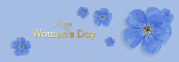 Banner de fiesta horizontal para el Día de la Mujer. Día Internacional de la Mujer. Volante azul elegante. Tarjeta de felicitación. Flores de campo púrpura .. — Vector de stock