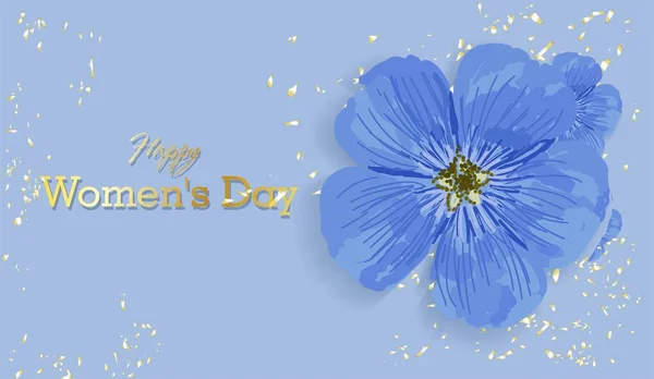 Día de la Mujer. Vacaciones de primavera. Tarjeta de felicitación o banner horizontal en color azul. Delicada flor de primavera. Inscripción dorada y confeti. Feliz Día de la Mujer .. — Vector de stock