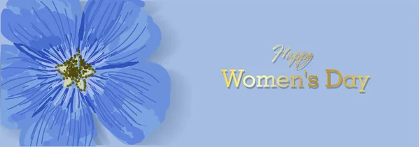 Día de la Mujer. Vacaciones de primavera. Tarjeta de felicitación o banner horizontal en color azul. Delicada flor de primavera. Inscripción dorada y confeti. Feliz Día de la Mujer .. — Vector de stock