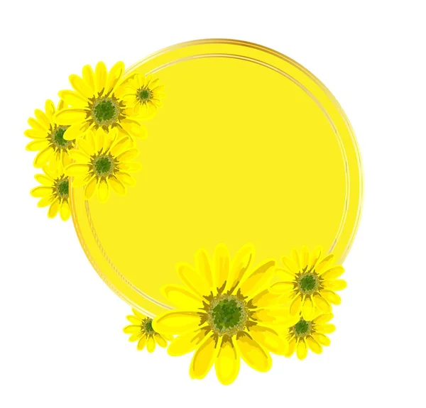 Vektorrunder Hintergrund für eine Inschrift. Gelbes Muster mit Blüten. Design für Werbung oder Promotionen, Verkauf. Frühlingsblumen. Vektor-Illustration isoliert auf weißem Hintergrund. Rahmen.. — Stockvektor