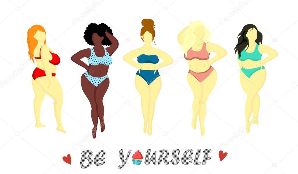 Women with different skin colors. Afroamer Ikan, European, Asian, Scandinavian. Body positive concept. Any body is beautiful. Motivational inscription. Women in swimsuits isolated on a white backgroun