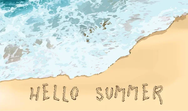 Γεια σου καλοκαίρι. Ρεαλιστικά κύματα του ωκεανού και παραλία. Οριζόντια banner για διαφημίσεις και καλοκαιρινές εκπτώσεις. Αφίσα ενός θέρετρου ή κέντρου αναψυχής. Αφρός θάλασσας.. — Διανυσματικό Αρχείο