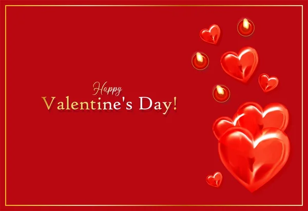 Gelukkige Valentijnsdag Romantische wenskaart. Dag 14 februari. Rode achtergrond. illustratie. Liefde. Gevoelens. Kaarsen bovenaanzicht. Hart — Stockfoto