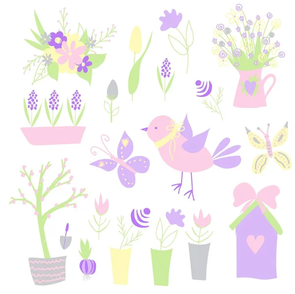 Easter. Spring stickers. Happy easter. Elements for creating postcards. Bird, flowers, birdhouse. Pastel colors..