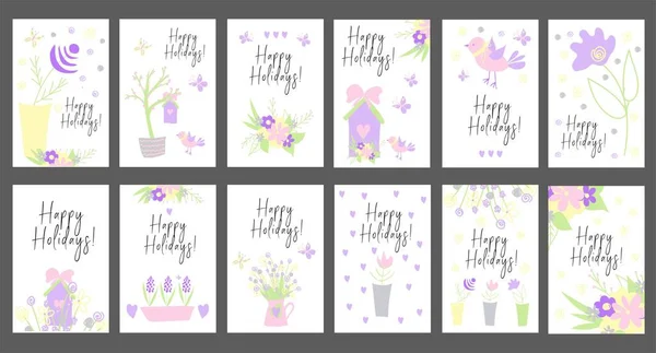 Set of bright cards. Happy Holidays. Children's style. Simple illustrations. Cute kawaii characters. Spring flowers and banners. Collection of birds, birdhouses, flowers. Garden Supplies.. — Stock Photo, Image