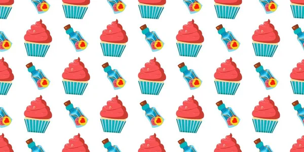 Seamless baby pattern. cupcake cakes and potion bottles. Drink Me. Alice in the Wonderland.. — Stock Photo, Image