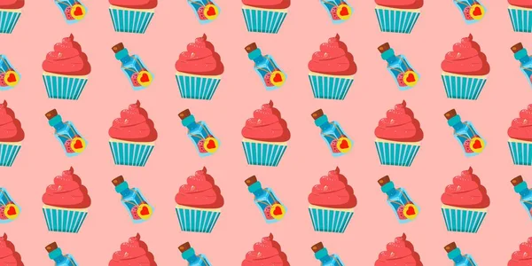 Children s seamless pattern for girls. Alice in wonderland cakes and cupcakes. Magic potion. Pink background.. — Stock Photo, Image