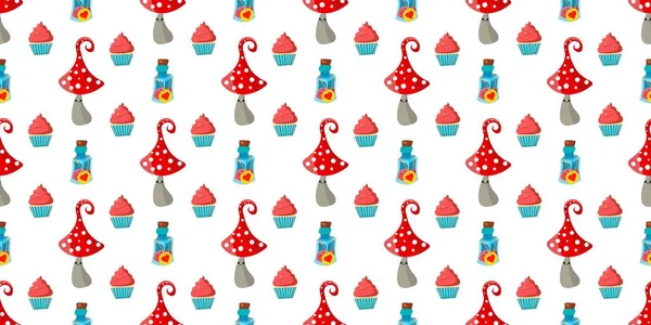 seamless childish pattern. Amanita mushrooms. Cupcakes and cakes. Alice in Wonderland..