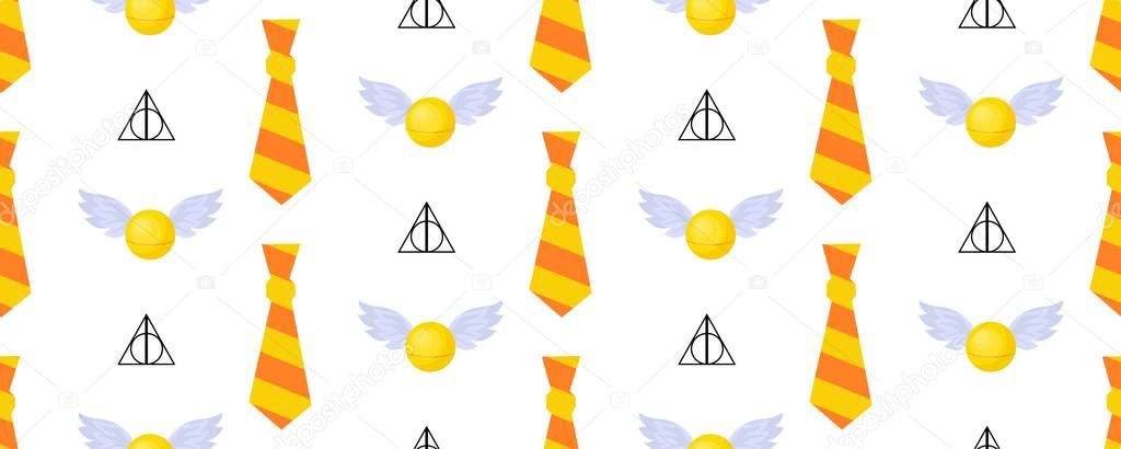 Seamless pattern. Children's design. Gryffindorf characters. The tie is striped. Orange and yellow. Magic Snitch..