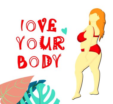 Sağlıklı bir vücut. Vücut pozitif. Üzerinde mesaj olan tebrik kartı vücudunu seviyor. Mayolu kızıl saçlı bir kadın. Kilo fazlalığı bir sorundur. Bikini ve tropikal yapraklar..