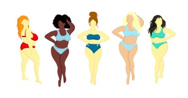 Farklı ten renginde kadınlar. Afroamer Ikan, Avrupalı, Asyalı, İskandinav. Vücut pozitif konsept. Herhangi biri güzeldir. Motivasyon yazıtları. Mayo giymiş kadınlar beyaz bir grupta izole edilmiş.