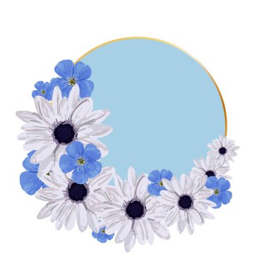 Round background for an inscription. Spring and summer flowers. Blue sticker for promotional text, cards or invitations..
