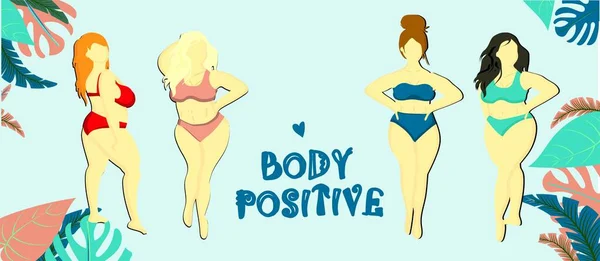 Body positive zone. Horizontal banner or flyer. Header for the web site. Bodypositive concept. Women in swimsuits. The girls are beautiful fat.. — Stock Photo, Image