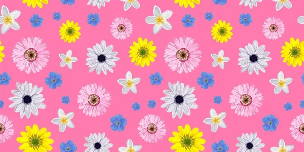PATRÓN DE FLORES INconsútil. Flores realistas. Primavera colores brillantes. Rosa. Textil perfecto y diseño de papel de embalaje. Gerbera, anémona, lino .. —  Fotos de Stock