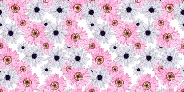 シームレスな花のパターン。本物の花だ。春の明るい色。春だ。ピンクだ。完璧な織物と包装紙のデザイン。ガーベラ、アネモネ、リネン.. — ストック写真