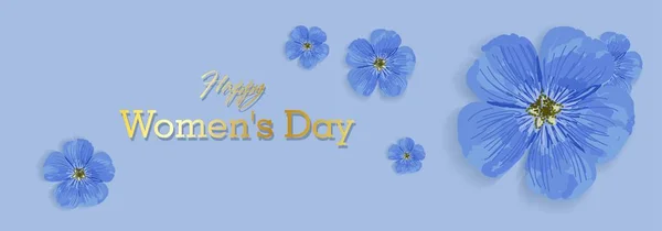 Banner de fiesta horizontal para el Día de la Mujer. Día Internacional de la Mujer. Volante azul elegante. Tarjeta de felicitación. Flores de campo púrpura .. —  Fotos de Stock