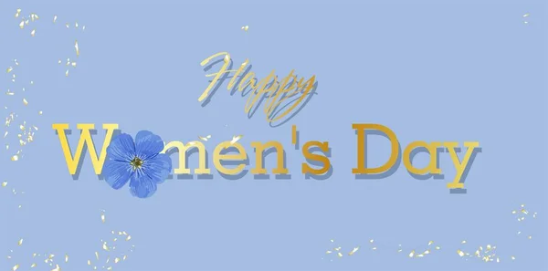 Banner de fiesta horizontal para el Día de la Mujer. Día Internacional de la Mujer. Volante azul elegante. Tarjeta de felicitación. Flores de campo púrpura .. —  Fotos de Stock