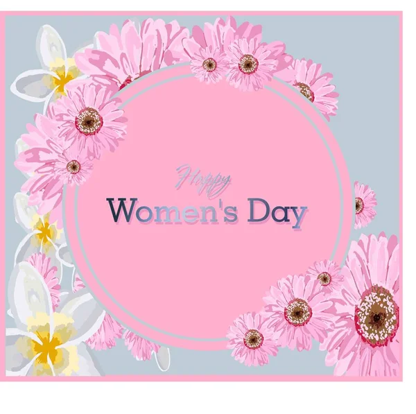 Πλατεία κάρτα για την Παγκόσμια Ημέρα της Γυναίκας.. 8 Μαρτίου. Η αρχή της άνοιξης. Ροζ λουλούδια. Γκαζάνια και ζέρμπερα.Αργίες. — Φωτογραφία Αρχείου