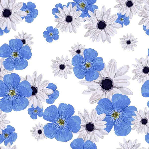 Patrón de flores de primavera. Flores frescas. Hermoso patrón sin costuras. Pétalos azules y blancos. Diseño perfecto para tela y textil .. — Foto de Stock