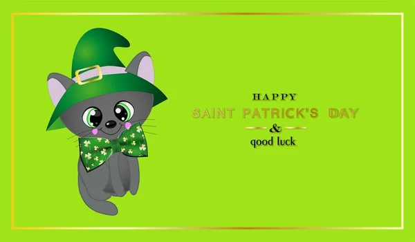 La bannière de la Saint Patrick. 17 mars dessin de fond, chat dans un chapeau vert. Affiche horizontale, carte postale, en-têtes de site Web.. — Image vectorielle