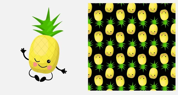 Een Ananas Exotisch Fruit Citrus Karakter Naadloos Patroon Vectorillustratie — Stockvector