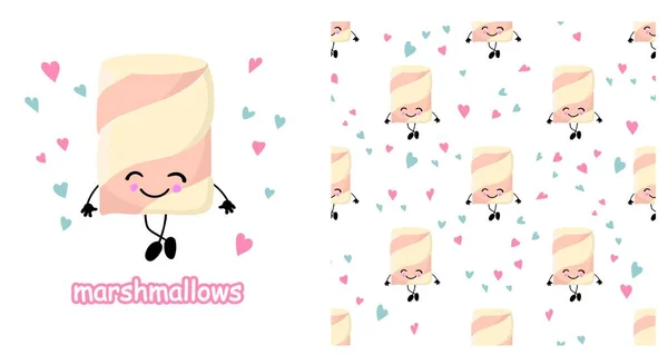 Marshmallow Charakter Roztomilé Kreslené Marshmallows Vektorová Ilustrace Bezproblémový Vzor — Stockový vektor