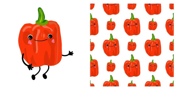 Pepper Bulgarian Vegetable Character Cute Seamless Vegetable Pattern Sweet Pepper — Stock Vector