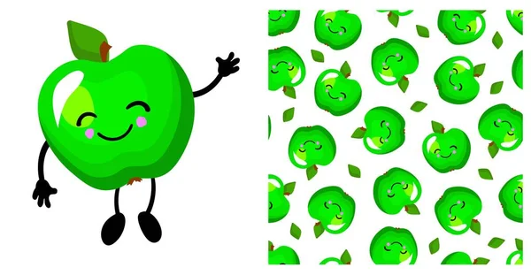 绿色苹果的性格 可爱有趣的苹果 果实无缝向量模式 明亮的色彩 — 图库矢量图片