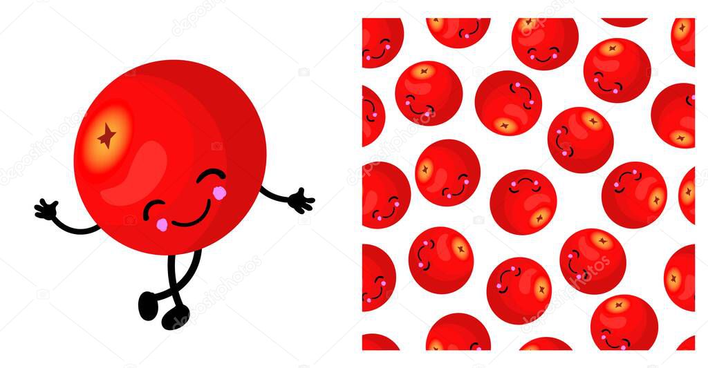 CRANBERRY character. Cute funny yellow berry. Berry seamless vector pattern. Bright colors.