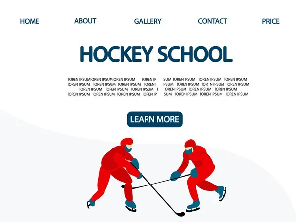 Hockey School Landing Page Men Play Hockey Winter Sport Vector — Stock Vector