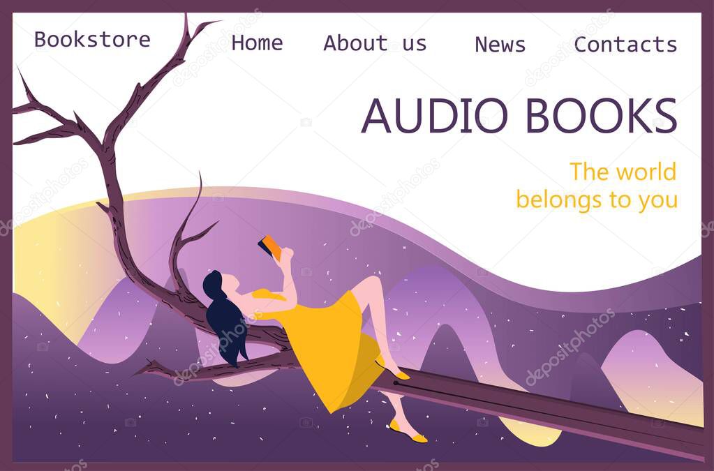 Audio media and books landing page page template. Vector illustration people with books and headphones, people listening to audio books from a mobile device, and a computer. The concept of e-learning.