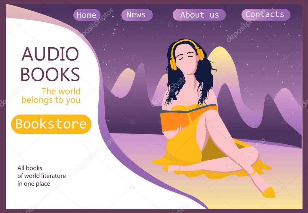 Template for the site. Electronic or audio books. . Audio media and books landing page page template. Vector illustration people with books and headphones, people listening to audio books