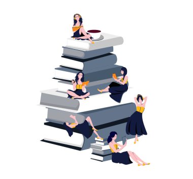 Okuyorum. Kitap günü. Öğrenme konsepti. Kağıt baskıları. Vektör illüstrasyonu beyaza izole edildi. Genç kadınlar okuyorlar..