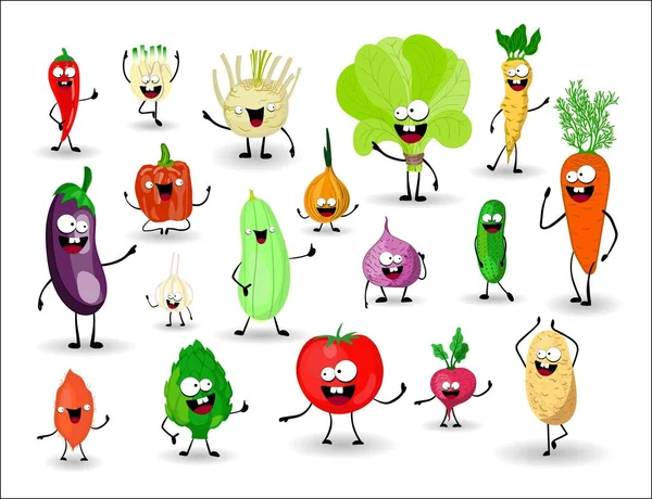 Set Vegetables Vegetables Characters Hands Faces Tomato Spinach Cucumber Chili — Stock Vector