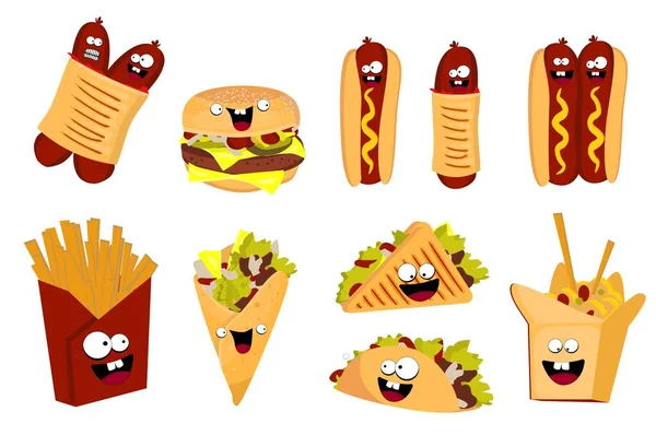 ファーストフードだ 多くの文字があります ホットドッグ ハンバーガー サンドイッチ タコス かわいい漫画の食べ物 ベクターイラスト — ストックベクタ
