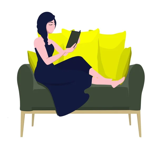 Kobieta Czyta Książkę Relaks Relaks Uspokój Się Zostań Domu Czytanie — Wektor stockowy